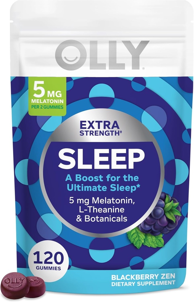 OLLY Extra Strength Sleep Gummy, 5 mg Melatonin, L-Theanine, Chamomile, Lemon Balm Extracts, Sleep Aid, BlackBerry Flavor - 120 Conde