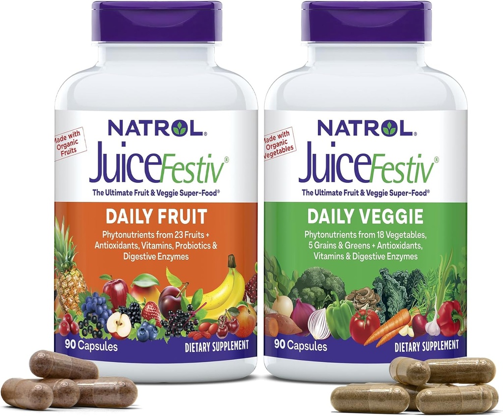 Natrol JuiceFestiv, The Ultimate Fruit and Veggie Super-Food to Support Balanced Nutrition and General Well-Being, Plus Antioxidants for Cellular Health, 90 Capsules (2-Count), Hasta 45 Day Supply