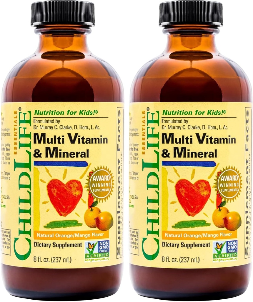 NILDLIFE ESSENTIALS, Kids Liquid Multivitamin and Mineral Supplement - Liquid Vitamins for Kids, All-Natural, Gluten-Free, Non-GMO - Natural Orange &amp; Mango Flavor, 8 Ounce Bottle (Pack of 2)