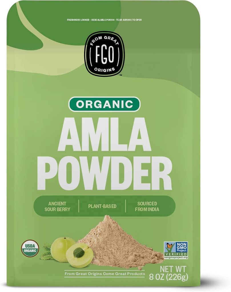 FGO Orgánica Amla Powder, 8oz, USDA Organic Indian Gooseberry (Amalaki), Non-GMO, Vitamina Natural C - 100% Raw y Natural (Pack of 1)