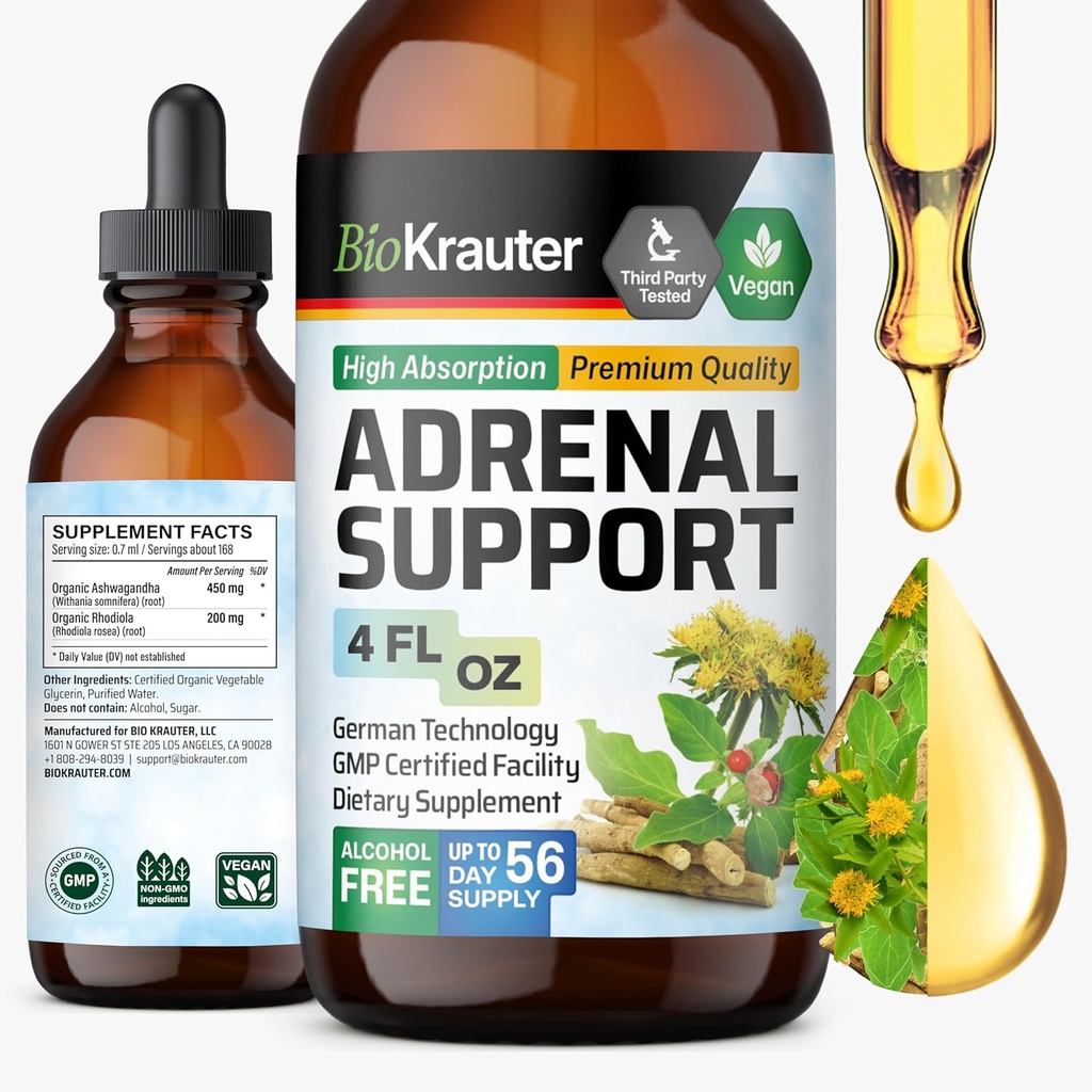 BIO KRAUTER Adrenal Support Tincture - Rhodiola & Ashwagandha Suplementos - Vegan Mood Support Drops 4 Fl.Oz.