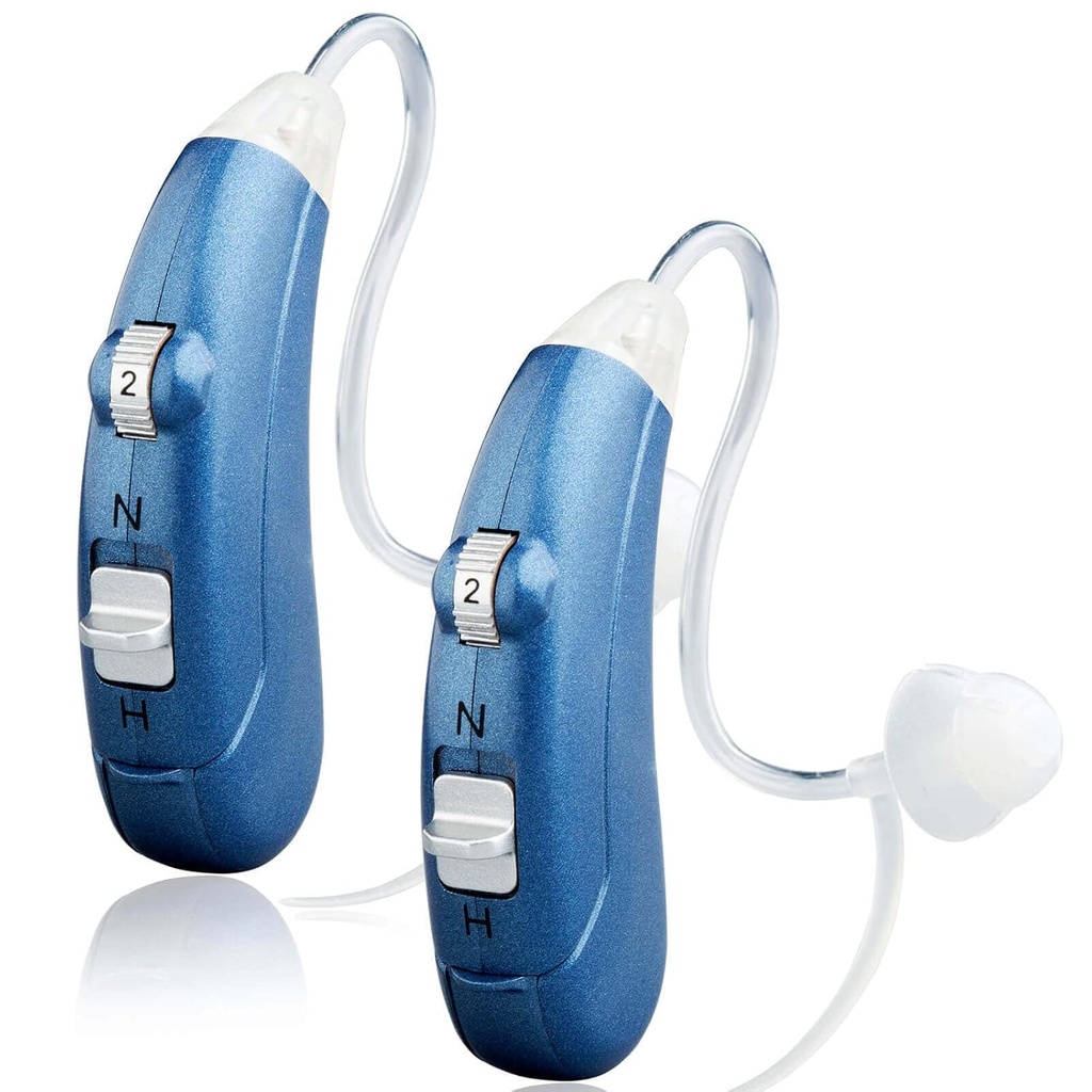 Amplificador auditivo para adultos mayores con cancelación de ruido,Amplificador de sonido de elevación personal,Amplificador de amplificador de oído digital con vida útil de batería de 500hrs,Tubo delgado invisible con kit de limpieza, azul,Pair