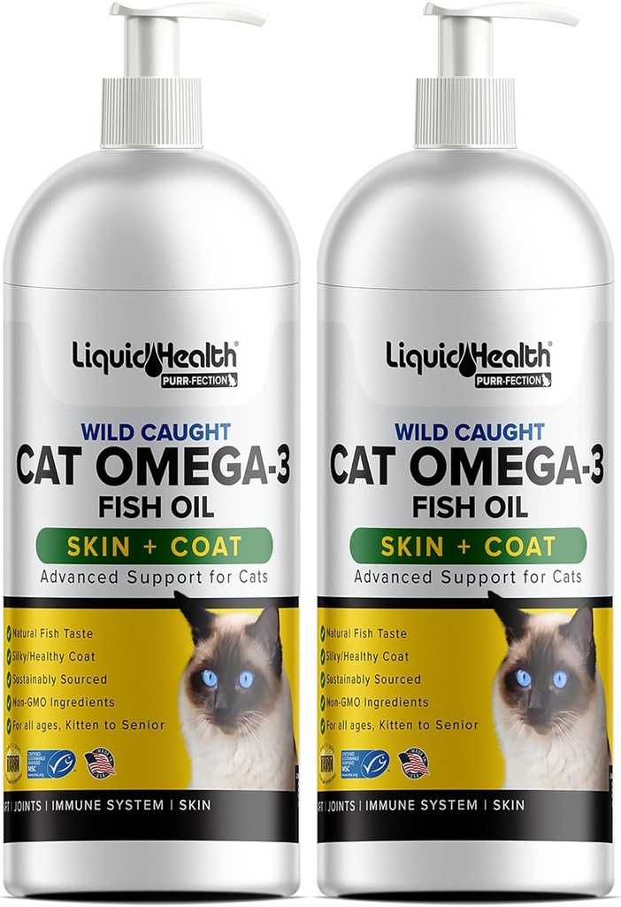 Salud Líquida Pets Wild Caught Omega 3 Fish Oil for Cats - Liquid Omega 3 Suplemento para gatos con EPA+DPA+DHA - Reducir el pico, Soporte Conjunto, Inmunidad, Cerebro, Salud cardíaca - Hecho en los EE.UU (2 Pack)