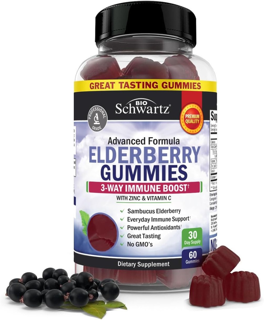 BioSchwartz Elderberry Gummies with Zinc and Vitamin C - Natural Immune Support for Adults &amp; Kids - Black Sambucus Elderberries - Third-Party Tested, Non-GMO, Vegan Multimineral Supplement, 60 Count