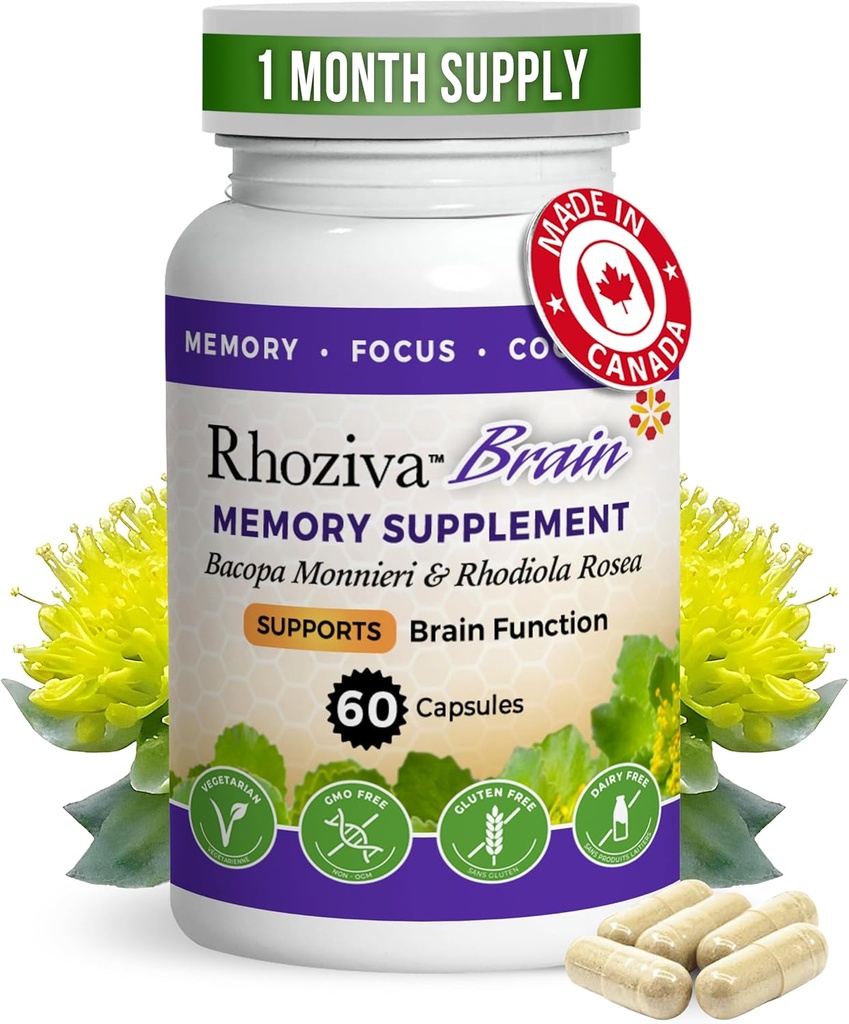 Suplemento cerebral - Memoria y foco, Rhodiola Rosea, Salud Cognitiva, Concentración, Claridad Mental, con Bacopa Monnieri, Biotina, Nootropic, Vitamina &amp; Minerales - 60 cápsulas