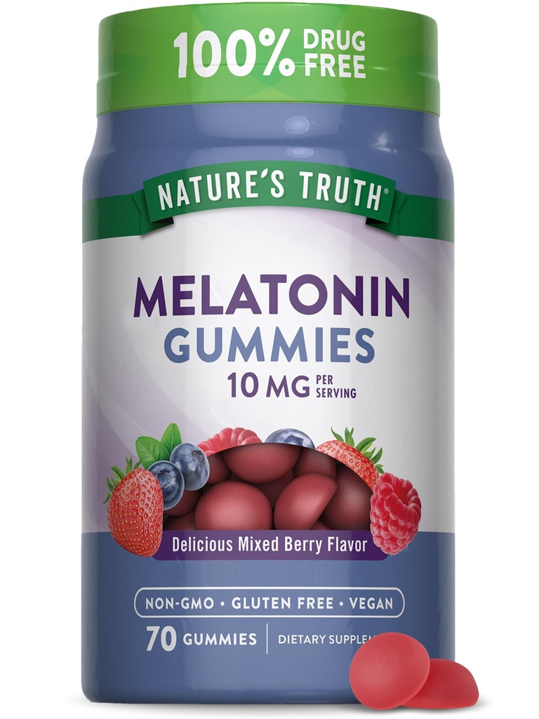 La verdad de la naturaleza Melatonin 10mg Gummies TENED 70 Conteo ANTE Berry Flavor ANTE Vegan, Non-GMO, y Gluten Free Supplement