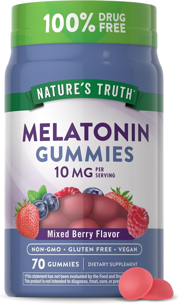 La verdad de la naturaleza Melatonin 10mg Gummies TENED 70 Conteo ANTE Berry Flavor ANTE Vegan, Non-GMO, y Gluten Free Supplement