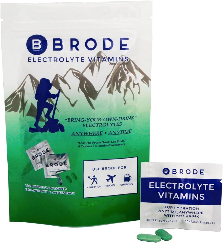 Brode Electrolyte Vitamin - Portable Zero-Sugar Electrolyte Tablets - No Gross Flavor - for Sports, Nightlife, Jetlag, 5 Essential Electrolytes + 9 Vitamins