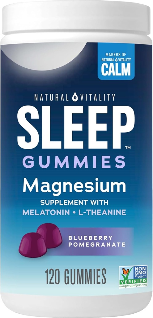 Natural Vitality SLEEP Gummies, Suplemento Magnesio Con Melatonina y L-Theanine, Vegan, Gluten Gratis, Ayuda al Cuerpo Ease Into Sleep, Blueberry Pomegranate 120 Conde