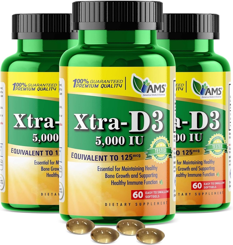 America Medic &amp; Science Xtra D3 Vitamina D 5,000 UI (125 mcg)Cholecalciferol Suplemento para Hombres(180Easy to Swallow Softgels) 3pack impermeableBest for Bone,Heart Health,Inmune System Support,Lung Function