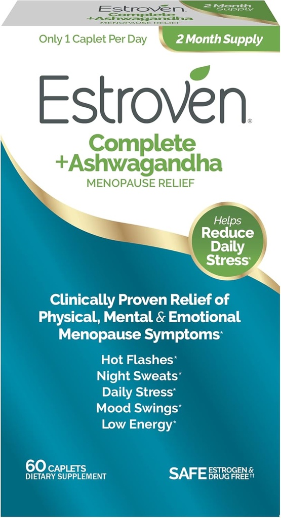 Estroven Complete + Ashwagandha Multi-Symptom Menopause Suplemento para Mujeres - 60 Ct. - Ingredientes de Probación Clínica Proveer Alivio de la Menopausa &amp; Sudaderas de la noche + Hot Flash Relief* - Drug-Free &amp; Non-GMO