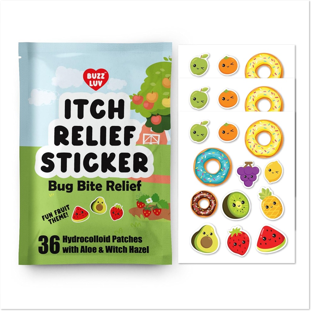 Hidrocolloide Itch Relief Patch, for Mosquitos, Ticks, Midges, Sandflies Bug bite Relief, Anti-Itch Patch con Aloe y Witch Hazel, Insect bite Relief, Kid-Friendly, Natural Fruit Theme