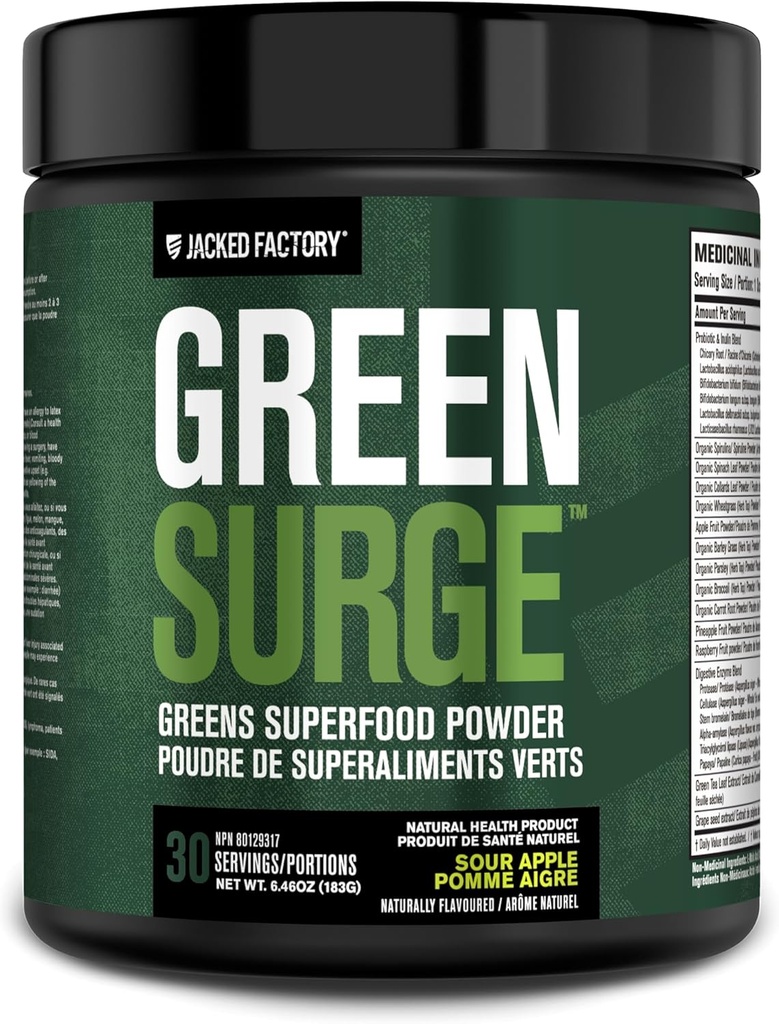 Jacked Factory Green Surge Green Superfood Powder- Keto Friendly Greens Drink w/Spirulina, Wheat & Barley Grass, Organic Green - Green Tea Extract, Probiotics & Digestive Enzymes - Sour Apple