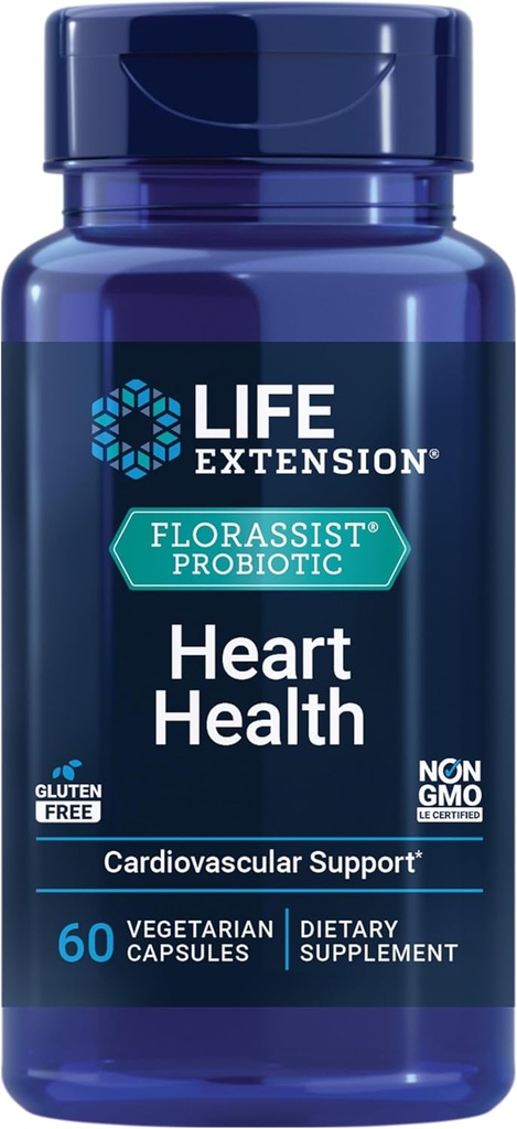 La extensión de vida FLORASSIST® Probiotic Heart Health, Lactobacillus reuteri 30242, promueve la salud cardíaca y los niveles de colesterol ya saludables, libre de gluten, no GMO, vegetariano, 60 cápsulas