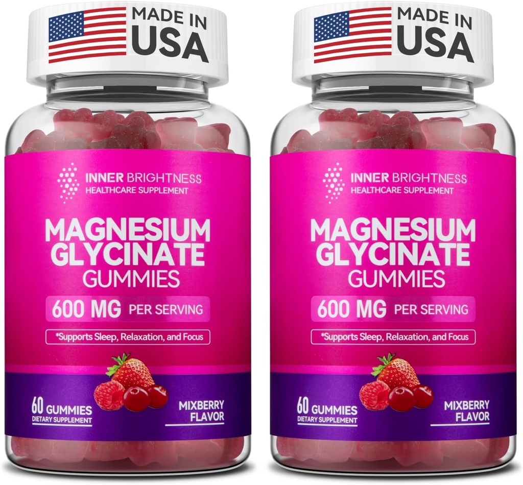 Magnesium Glycinate Gummies 600mg, Non-GMO, Gluten-Free, Magnesium Gummies for Adults, Sleep, Relax &amp; Focus, Mixed Berry, 120 Condes