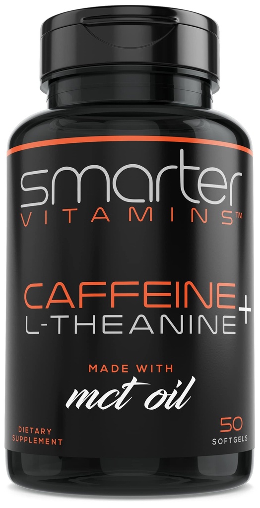 SmarterVitamins 200mg Caffeine Pills - MCT Aceite de 100% Coconuts + 100mg L-Theanine, Energy and Focus, Ampliado cápsula de liberación, 50 Liquid Softgels