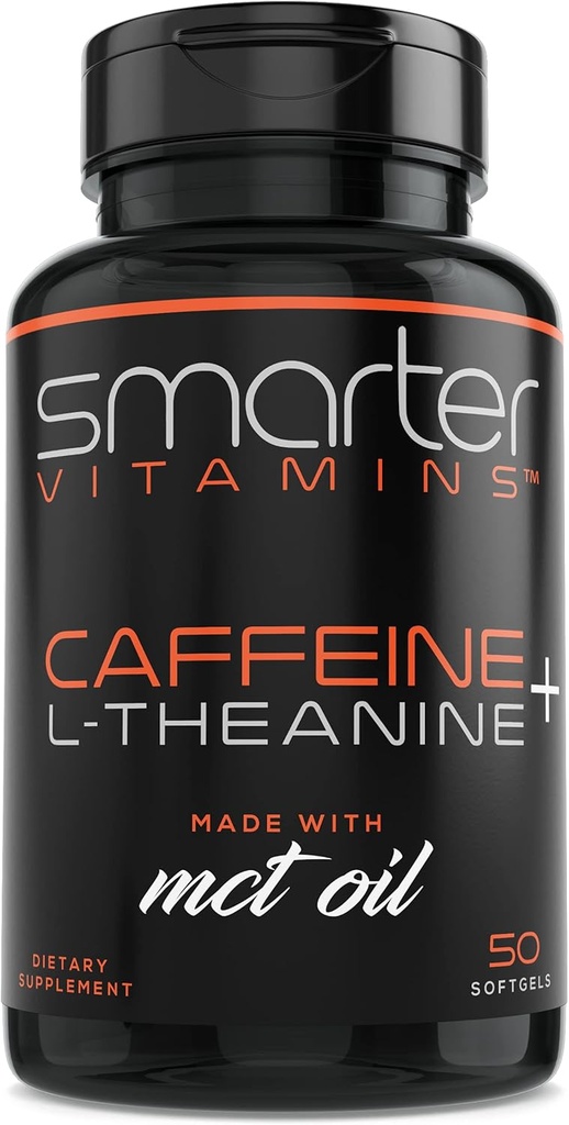 SmarterVitamins 200mg Caffeine Pills - MCT Aceite de 100% Coconuts + 100mg L-Theanine, Energy and Focus, Ampliado cápsula de liberación, 50 Liquid Softgels