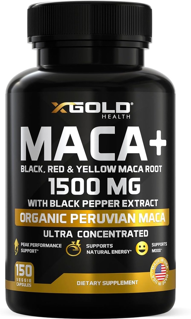 X Gold Health Organic Maca Root Powder Capsules 1500mg con Black TEN Red &amp; Amarillo Peruano Maca Root Extracto Gelatinized, Energy &amp; Mood Suplemento para Hombres &amp; Mujeres + Black Pepper para mejores beneficios