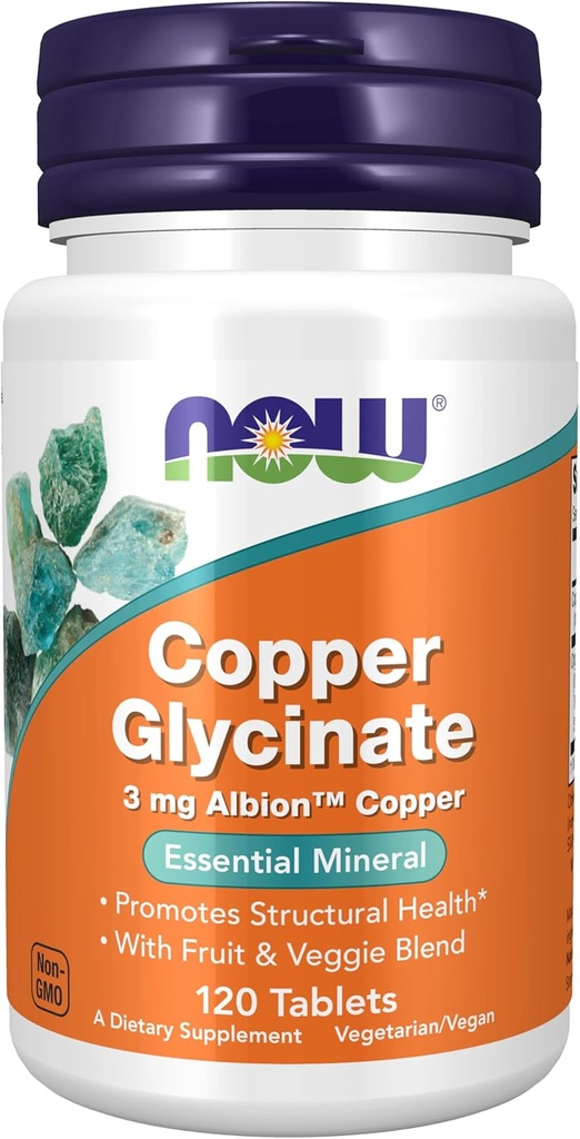 AHORA Alimentos Suplementos, Cobre Glycinate con 3 mg Albion Copper, promueve la salud estructural*, 120 Tabletas, Gris claro, Tan