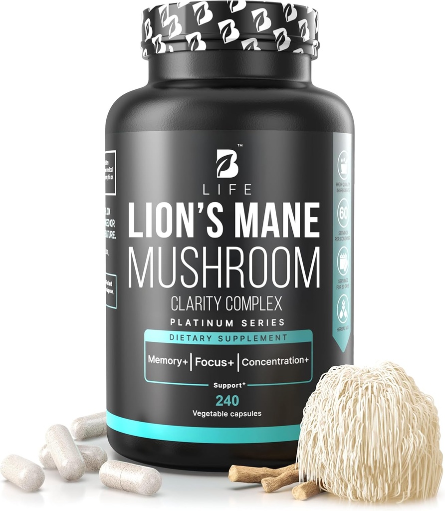 Capsulas Mane de León – Memoria, Focus " Clarity – Suplemento Nootrópico de Cerebro con Ashwagandha, Thiamin (B1), Magnesium L-Threonate – Apoyo Cognitivo y Cerebro para la Energía Mental, 240 Caps
