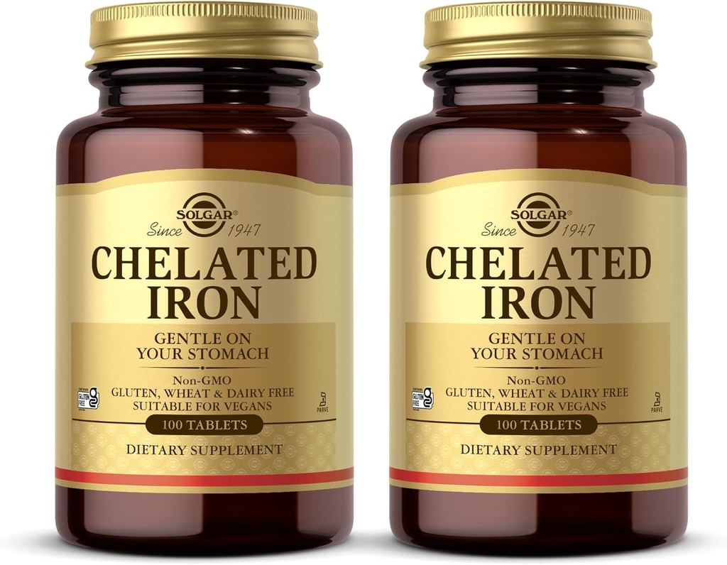 Solgar Hierro Chelated - 100 Tablets, Pack of 2 - Gentle on Your Stomach - Non-GMO, Vegan, Gluten Free, Dairy Free, Kosher - 200 Total Servings