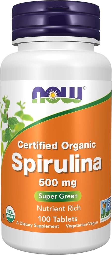 AHORA Suplementos, Espirulina orgánica 500 mg con vitaminas, minerales y GLA (ácido gamma-leninista), 100 tabletas