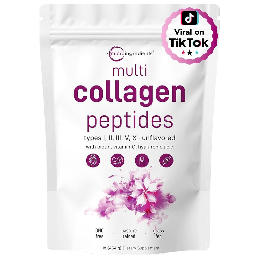 Micro Ingredientes Péptidos multi colágeno Polvo, 16oz TENIDO Espectro completo Tipo I, II, III, V, X + Biotina, Ácido Hialurónico, " Vitamina C Silencioso TEN Keto " Paleo Friendly ← Non-GMO