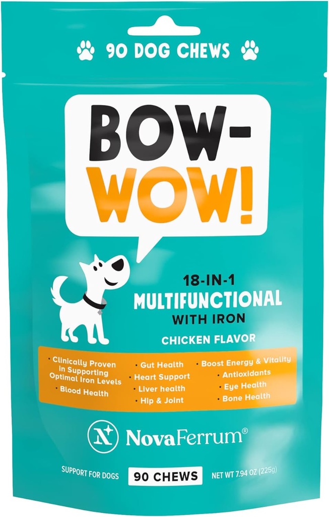 NuevaFerrum Bow Wow TENIDO 18-en-1 Multifuncional con Iron Suplemento para Perros TENIDO Apoyo a la Sangre para la Anemia TEN Glucosamine ANTE Probióticos TEN Antioxidantes ANTE Chicken Flavor ANTE 90 Chews