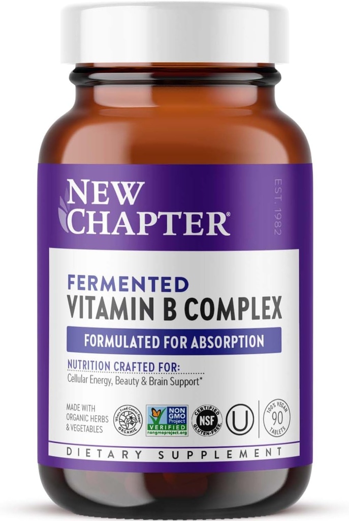 Nuevo Complejo de vitamina B, Complejo de vitamina B fermentado, USDA Organic, ONE Daily for Cellular Energy + Brain + Beauty, 100% Vegan, Gluten-Free - 90 Cuenta