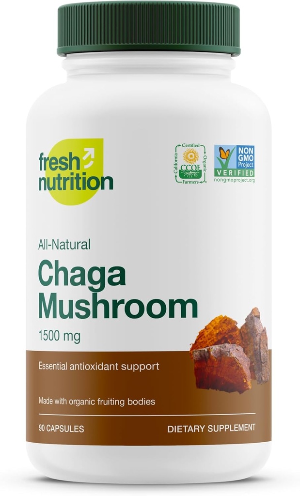 Organic Chaga Mushrooms – Strongest DNA Verified 1500mg Per Serving – High in Fiber – Non GMO, Gluten & Soy Free, Vegan Friendly