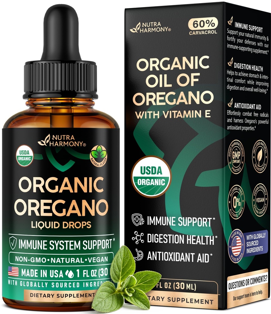 USDA Organic Oil of Oregano - Liquid Drops with Vitamin E - Made in USA - Supplement for Immune Support, Digestion Health & Antioxidant - Non-GMO, Natural, Vegan - As Pills, Capsules, Softgels 1 fl oz