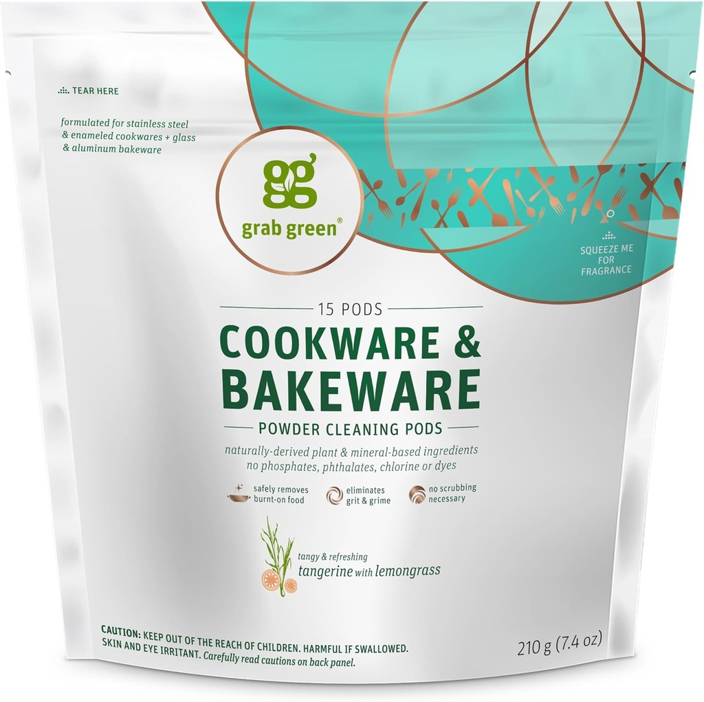Tomar Cookware Verde y Baqueware Cleaner Pods,15 Pods, Tangerine Lemongrass Scent, Plant and Mineral Based, Elimina Burnt-On Food, Elimina Stains