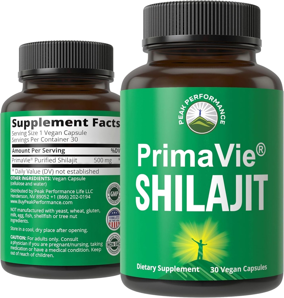 PrimaVie Purified Shilajit Capsules Made with Pure Shilajit Powder. Suplemento natural clínicamente probado con 40+ Minerales Trace, Ácido Fulvico. Tablas Soporte Mitocondria + Función cerebral