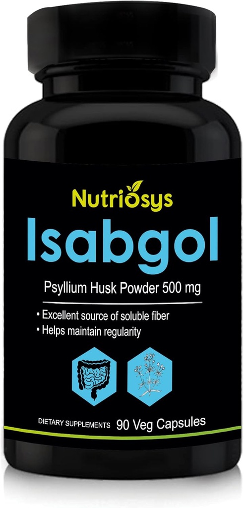 Isabgol Psyllium Husk 500mg Suplemento, excelente fuente de fibra soluble, 90 cápsulas Veg