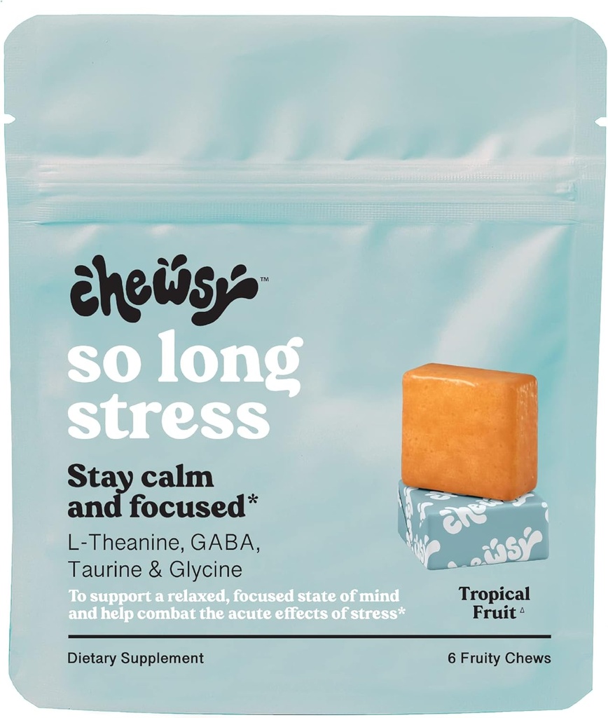 Chewsy So Long Stress, Calma Afrutado Chews, Calma & Focused. w/L-theanine, Amino Acid, GABA, Glycine, Tyrosine, Taurine &amp; Magnesium. Sin gluten y sin gluten. Vacas Frutas Tropicales, Suministro de 6 Días