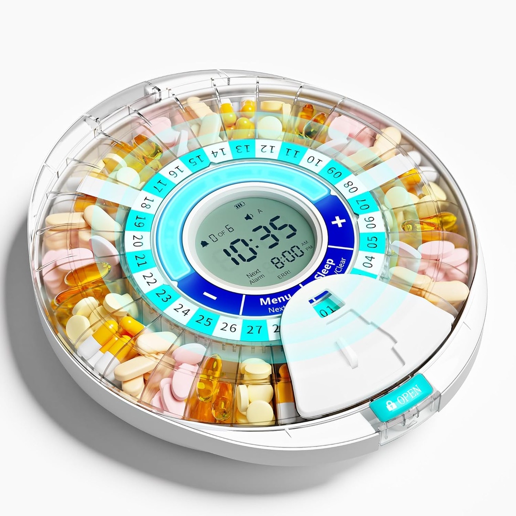 Dispensador automático de píldoras mejorado para las personas mayores con Alarma: Máquina de dispensador inteligente de píldoras con 28 ranuras, tecnología mix-proof y LCD XL, Durabilidad mejorada para la gestión diaria de medicina