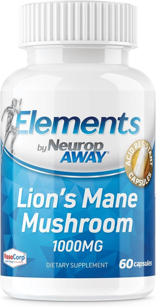 NeuropAWAY Elements Organic Lions Mane Mushroom Extract Capsules (60 Acid Resistant Capsules Por Bottle) Third Party Tested Made in a cGMP Facility