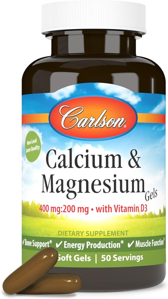 Carlson - Cal-Mag Gels, 2:1 Calcium a Magnesium Ratio, Bone Support, Energy Production, 100 Soft gels