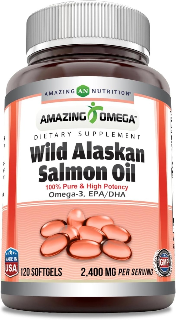 Amazing Omega Wild Alaskan Salmon Oil (Omega-3, EPA/DHA) Suplemento Silencio 2400 Mg Por Serving Silencio 120 Softgels ← Non-GMO TEN Gluten-Free TEN Made in USA