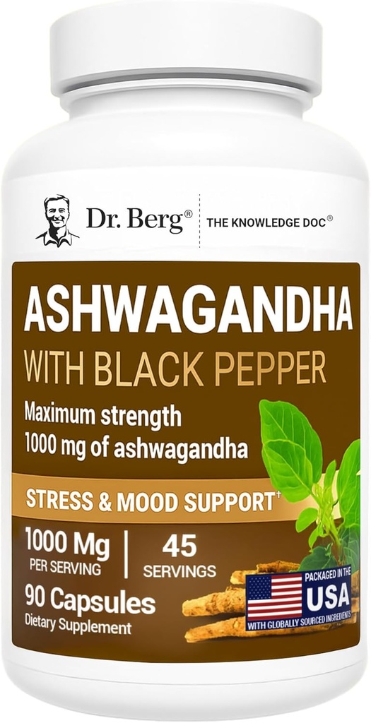Dr. Berg Ashwagandha Capsules 1000mg - Incluye Ashwagandha Root con Black Pepper de Bioperine - Ashwagandha Suplementos 90 cápsulas