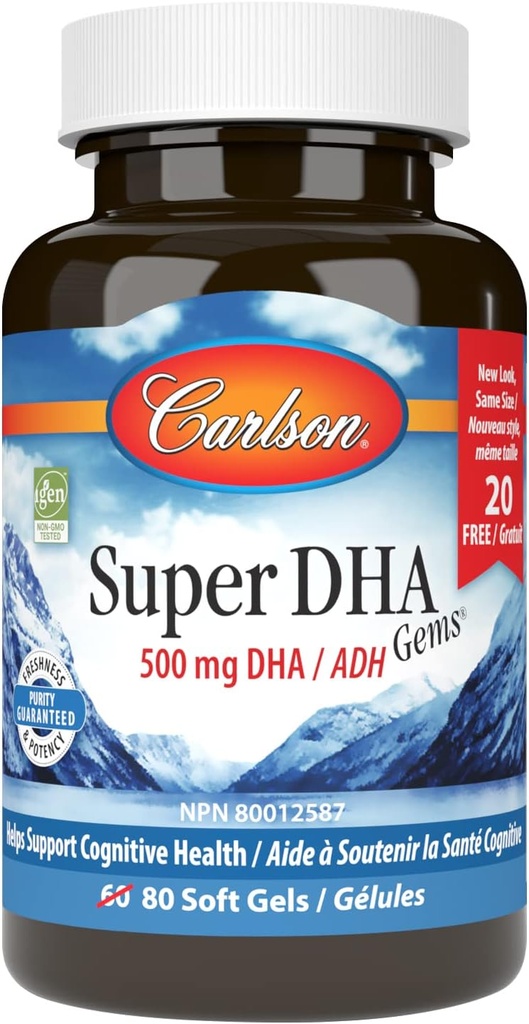 Carlson - Super DHA Gems, 500 mg DHA Suplementos, 640 mg Ácidos grasos, concentrado de aceite de pescado ártico noruego de caza silvestre, cápsulas de aceite de pescado nórdico de origen sostenible, 60+20 Softgels