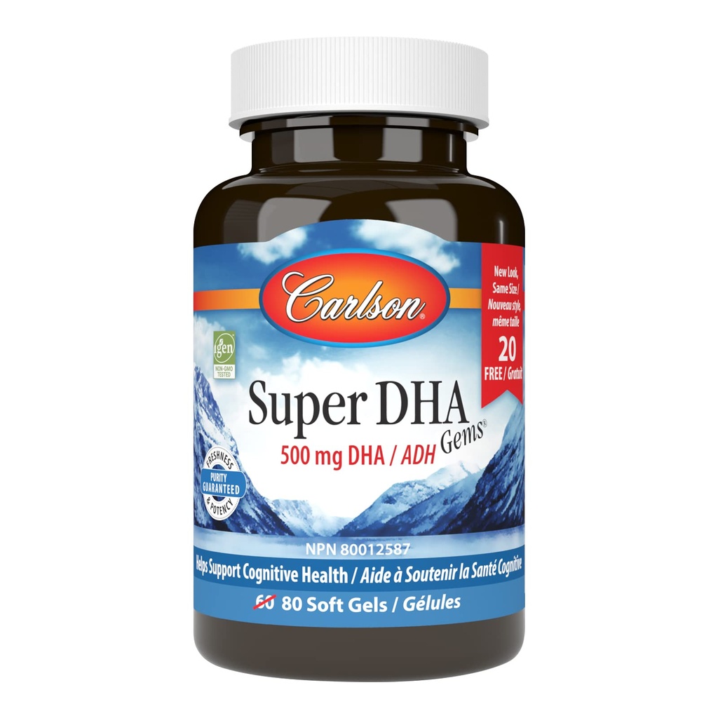 Carlson - Super DHA Gems, 500 mg DHA Supplements, 640 mg Fatty Acids, Wild-Caught Norwegian Arctic Fish Oil Concentrate, Sustainably Sourced Nordic Fish Oil Capsules, 60+20 Softgels