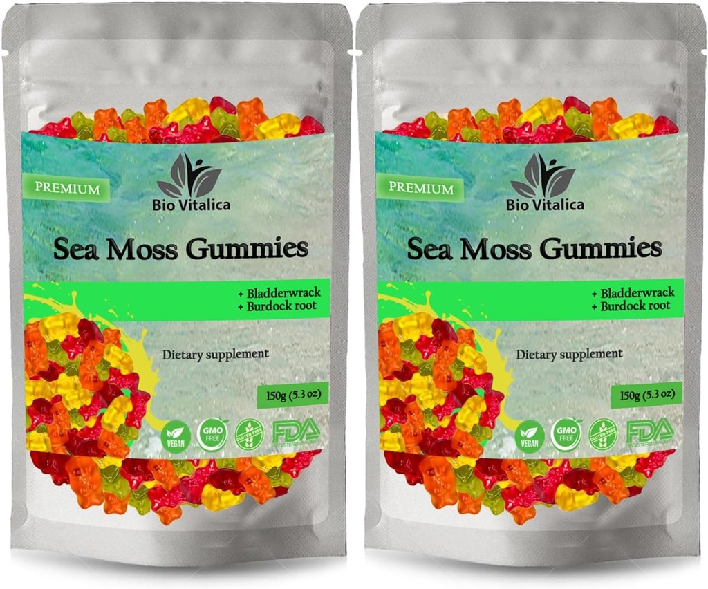 BIO VITALICA Sea Moss Gummies – con Fledderwrack & Burdock Root – Wildcrafted Gel + Powder – Vegan, Keto, Non-GMO, Gluten-Free – Fruity Mineral-Rich Gummies – 50 Conde (2 Pack)