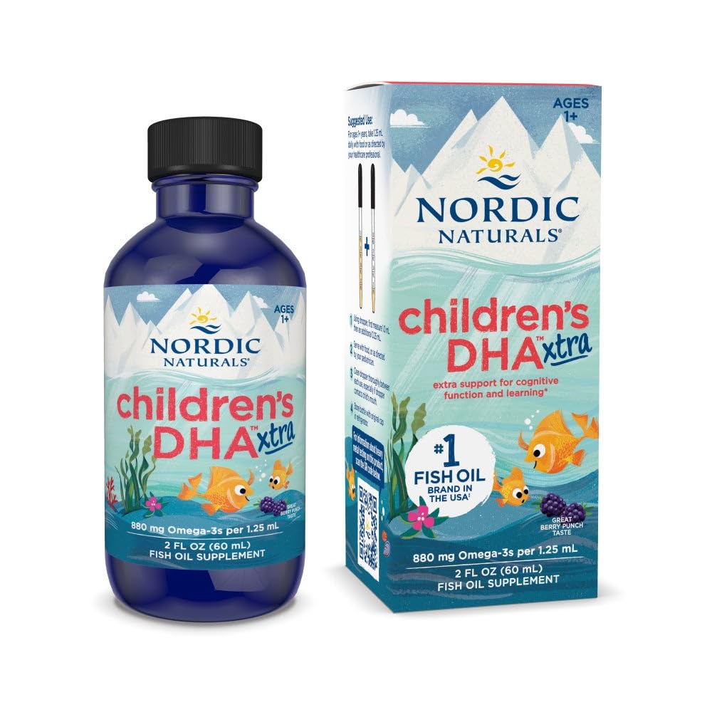 Nordic Naturals Children'S DHA Xtra|880 mg Omega 3 Fish Oil From Arctic Cod Liver Oil|EPA & DHA For Kids Supports Brain Development Kids Ages 1-6 Yrs|Berry Punch Fish Oil (60 ml), 0.14 grams