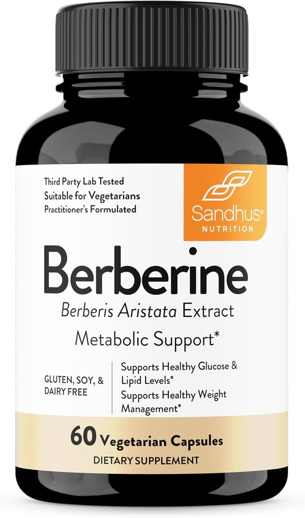 Sandhu's Berberine HCL Suplemento 500mg por cápsula con 97% Pure Berberis Aristata Extracto permanente 60 cuentan soportes Gestión de pesas &amp; Niveles de energía saludables vigentes Made in USA, Vegetarian, Non-GMO, Gluten Free