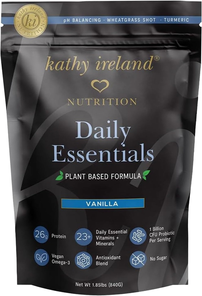 Kathy Ireland Plant-Based Vanilla Protein Powder, 26g Protein, Low-Carb Meal Replacement, Pea, Mung & Fava Bean Blend with Probiotics, Vitamins & Minerals, 1.85 lbs