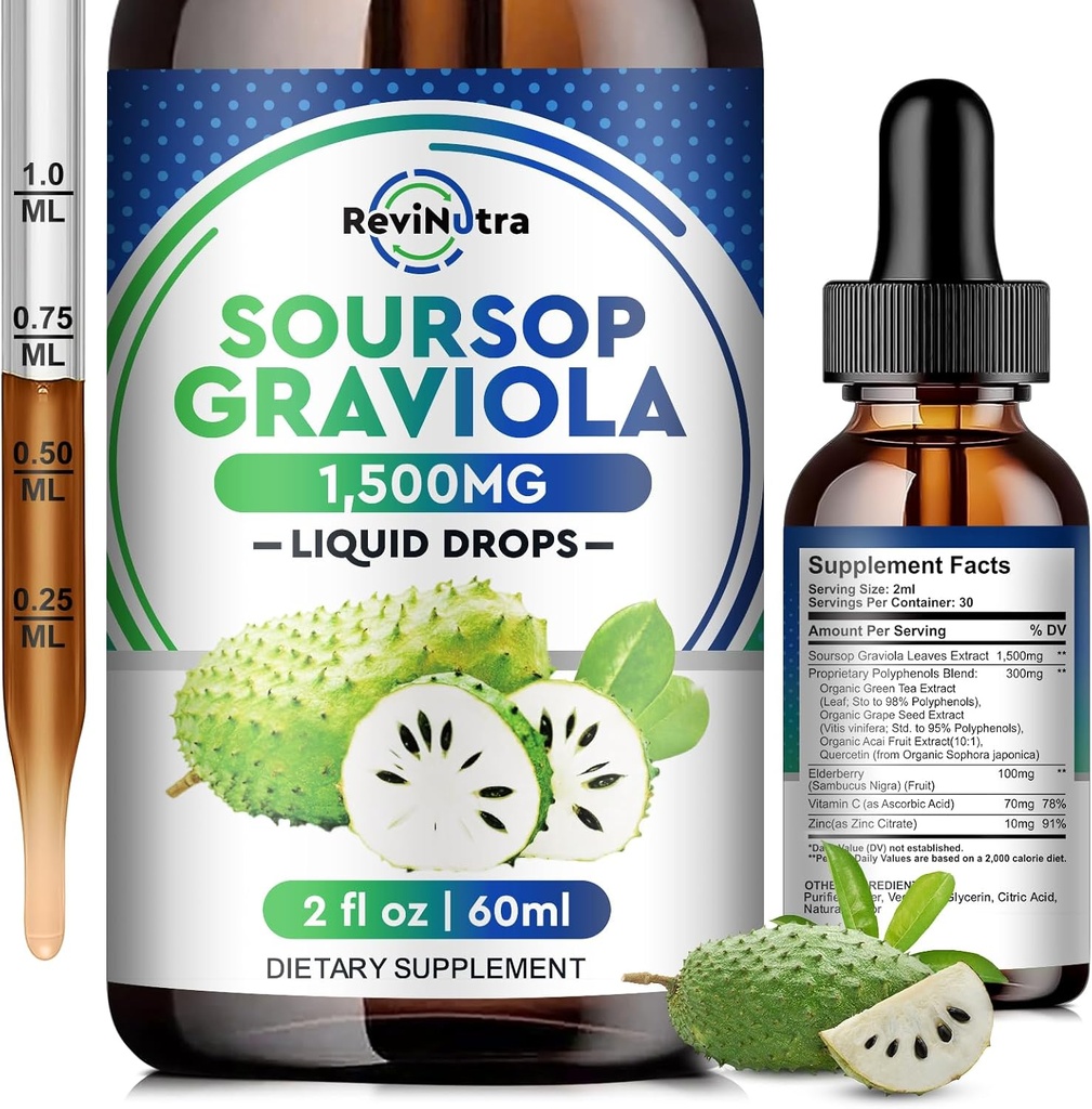 Soursop Graviola Liquid Drops - 8 en 1 Orgánica Soursop Extract with Elderberry, Quercetin, Soursop Bitters Liquid Supplements for Immune Boost, Herbal Soursop Oil Graviola Leaf Tincture, 2 Fl Oz
