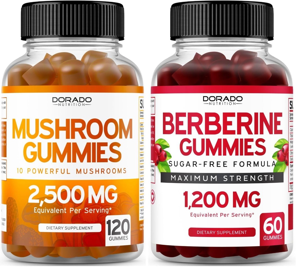 Mushroom Gummies (120 Gummies) Focus " Brain Mushroom Supplement and Berberine with Ceylon Cinnamon (60 Conde) Premium Sugar-Free Suplemento para Adultos - Third-Party Tested, Non-GMO &amp; Made in USA
