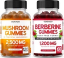 Mushroom Gummies (120 Gummies) Focus " Brain Mushroom Supplement and Berberine with Ceylon Cinnamon (60 Conde) Premium Sugar-Free Suplemento para Adultos - Third-Party Tested, Non-GMO &amp; Made in USA