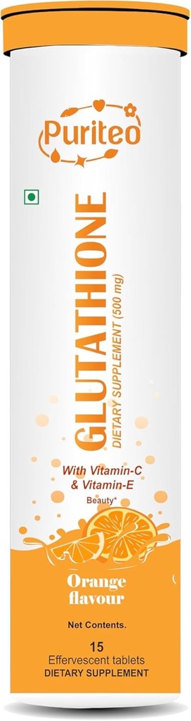 Glutathione 15 Tablas efervescentes con vitamina C &amp; E, para piel clara y hidratación, azúcar sin agregado, sabor a naranja - (15 Tabletas, paquete de 1)